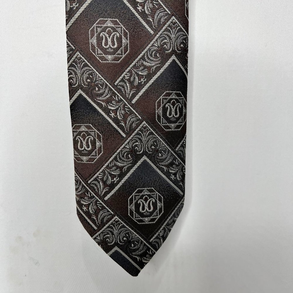 Vintage Allyn Saint George Necktie 3.5” Brown & Silver Medallions made in USA